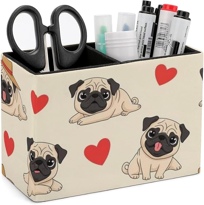 Stylish PU Leather Pen Pencil Holder Red Love Heart Pug, Must-Have Desk Accessory