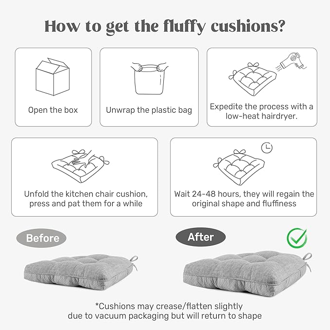 puredown® Chair Cushions for Dining Chairs, Tufted Memory Foam Chair Pads with Non-Slip Backing, Kitchen Seat Cushions with Ties, Washable Seat Pad Set of 4, 15.5" x 15.5" x 4", Coffee