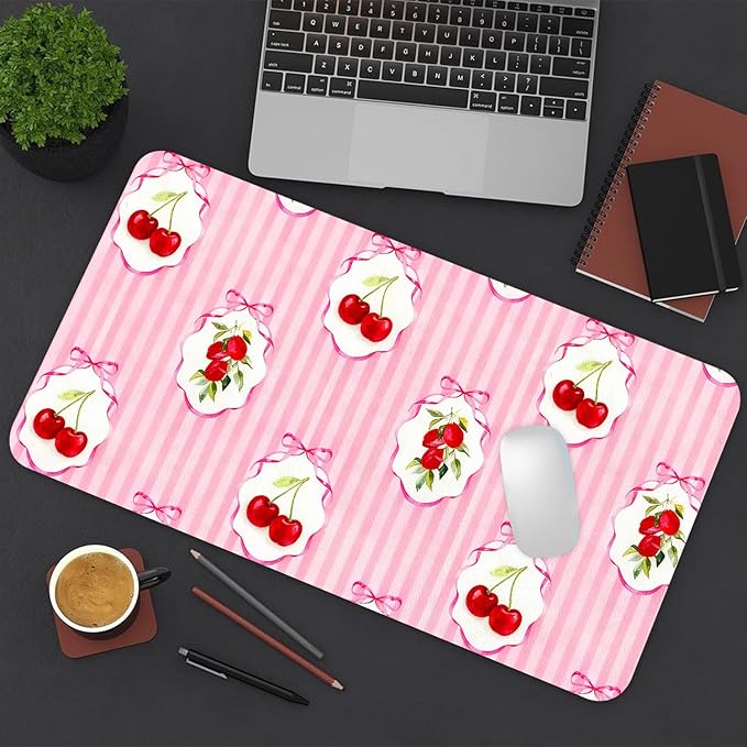 Red Cherry Mouse Pad PU Leather Pink Desk Mat Large Waterproof Gaming Pad Non-Slip Keyboard Mouse Pad Writing Pad for Gamer Office&Home