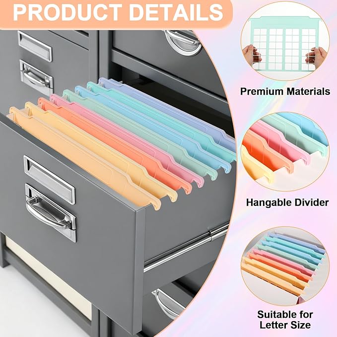 party greeting 8 Pack File and Folder Dividers 9x11.4 Inches Plastic Hanging Filing Cabinet Dividers Organizers Insertable File Separators Supplies for Office Drawer Organization (Pastel)