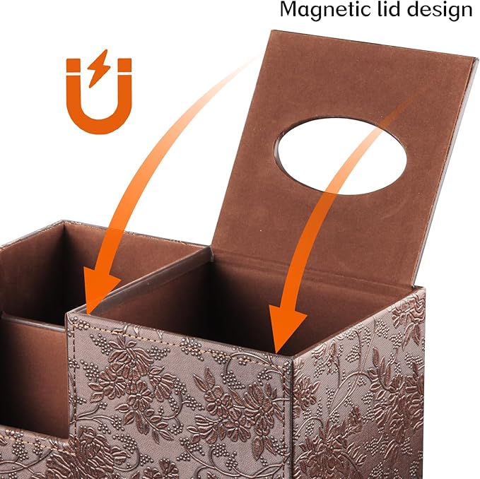 Square Tissue Box Cover with Storage, PU Leather Cube Tissue Box Holder, Remote Control Nightstand Organizer, Modern Desk Caddy for End Table, Bathroom, Bedroom, Home, Office Decor