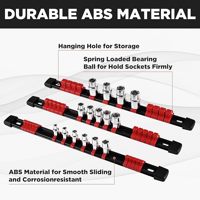 Socket Organizer Set 15PCS ABS Socket Holder Kit, 1/4-Inch x 80 Clips, 3/8-Inch x 75 Clips, 1/2-Inch x 60 Clips Socket Set Organizer, Drive Socket Tray, Socket Holders Clip Socket Rail