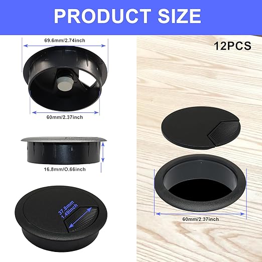 12PCS Desk Grommet,2-3/8Inch(60mm) Cable Grommet Hole Cover with Hole Saw,Ideal Solution for Office Home Table Cable Management Workers