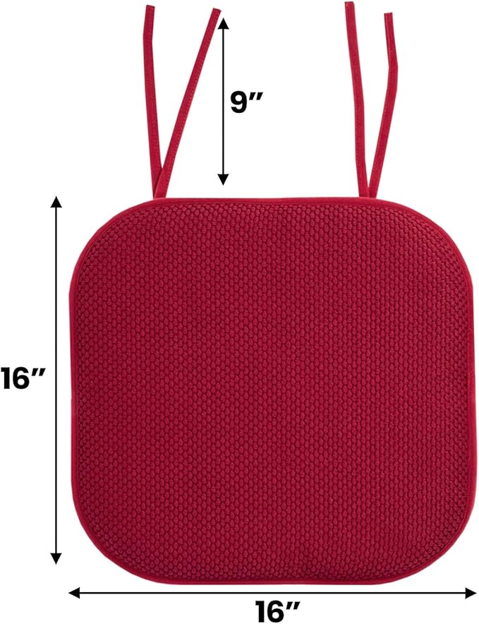 Sweet Home Collection Chair Cushion Memory Foam Pads with Ties Honeycomb Pattern Slip Non Skid Rubber Back Rounded Square 16" x 16" Seat Cover, 12 Pack, Red 12 Pack