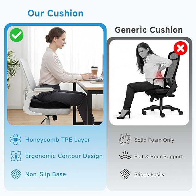 Seat Cushion for Office Chair - Cooling Honeycomb & Memory Foam 17.3" x 2.75" Tailbone Pain Relief Cushion, Ergonomic Desk Chair & Car Seat Cushion for Sciatica (Black1)