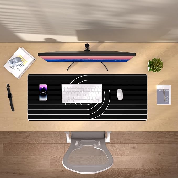 Large Office Leather Desk Mat, 35.4" x 15.7" Non-Slip Desk Blotter Pad, Waterproof Laptop Desk Mat, Desktop Protector and Cover, Writing Mat for Office and Home (Black, Line)