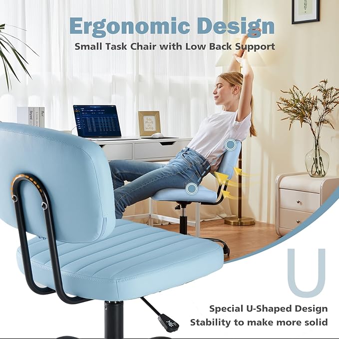 DUMOS Armless Home Office Executive Chair - Small Desk Chair with Low Back Lumbar Support, Height Adjustable PU Leather Computer Task Chair with 360° Swivel Wheels, for Adults, Blue