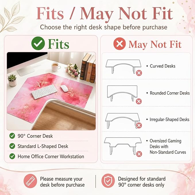 Relaxweex L Shaped Desk Mat for 90° Corner Desks, 26" x 26" Pink Waterproof Mouse Pad with 18" Inner Corner, Non-Slip Rubber Desk Protector for Office & Gaming