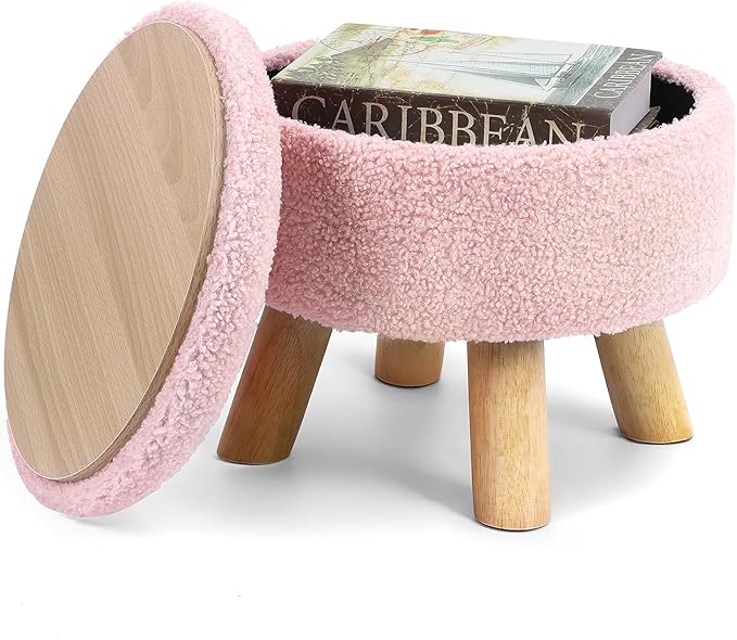OGEMXU Ottoman Foot Rest, Small Round Ottoman with Storage, Boucle Teddy Velvet Footstool with Wood Legs, Soft Sponge Storage Ottoman for Living Room, Bedroom, Couch, Enterway (Pink)