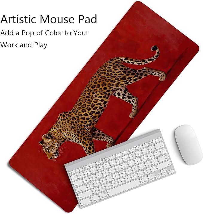 Vintage Red Leopard Large Mouse Pad,Bold Wild Animal Cheetah Desk Mat,Maximalist Luxury Aesthetic Wildlife Cat Mousepad for Home Office Dorm Decor,31.5x11.8 Inch