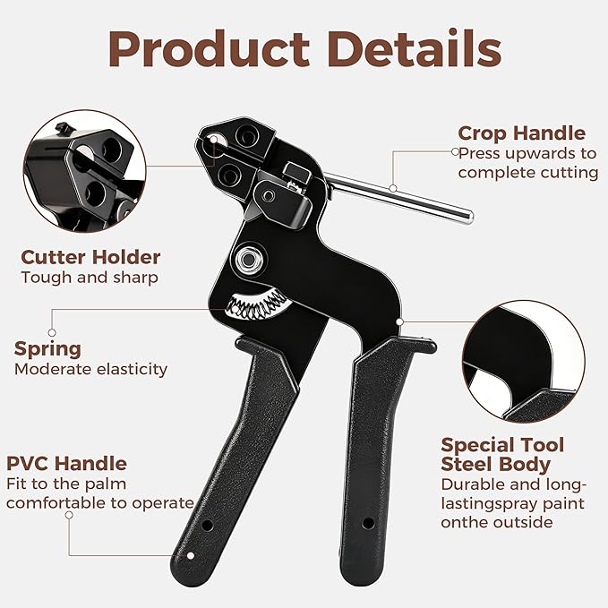 Stainless Steel Cable Tie Gun Kit, 300 Pcs Black 304 Stainless Steel Zip Ties with Cutter, Heavy Duty Metal Cable Ties, 200 11.8-Inch and 100 7.8-Inch for Fence, Farm, Chicken Coop, Pipe
