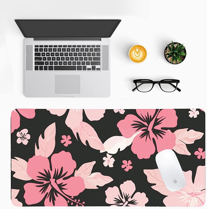 Hibiscus Flowers Desk Mat for Women, Large Waterproof PU Leather Desk Pad with Non-Slip Base, Artistic Office Keyboard Cover for Gaming & Home Work, Tropical Desk Decor (31.5 * 15.75in)