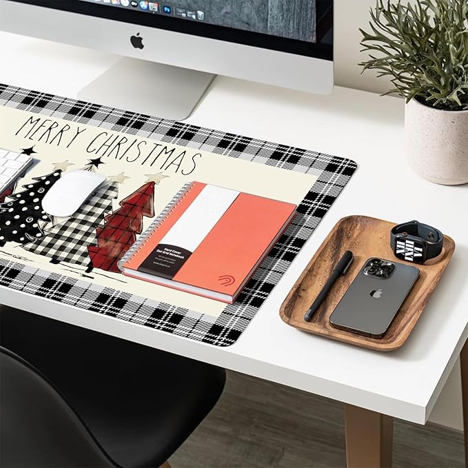 Christmas Desk Mat, Buffalo Plaid Christmas Trees Merry Xmas Large Mouse Pad for Desktop, PU Leather Waterproof Desk Pad, Computer PC Laptop Protector Gaming Mouse Pads for School Office Home