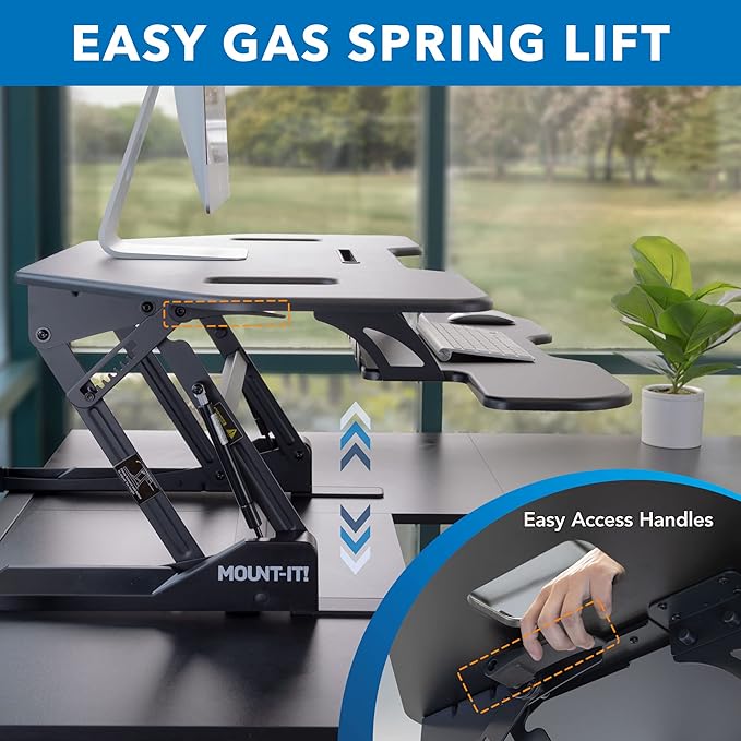 Mount-It! Corner Standing Desk Converter Height Adjustable 43” Wide Desktop, Corner Stand Up Desk with Gas Spring Lift Asssit, Stand Up Computer Workstation with Ergonomic Keyboard Tray | Black
