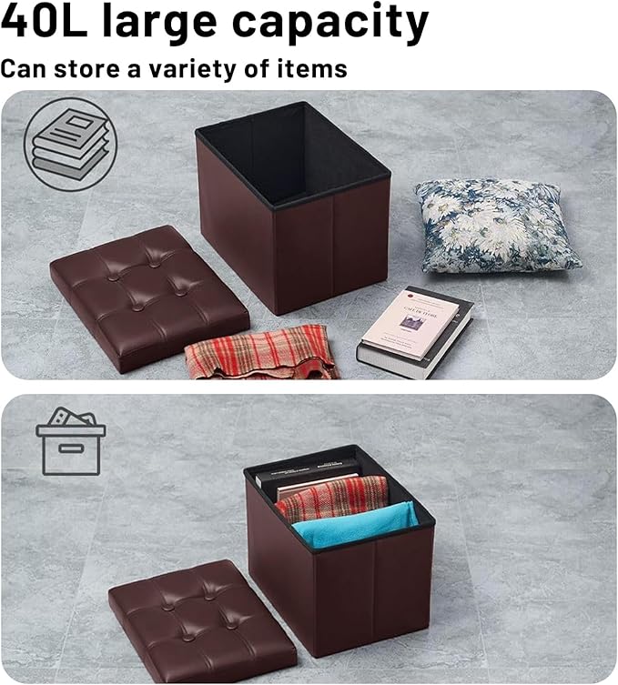 Bsketa Storage Ottoman Foot Rest Stool, Small Leather Storage Ottomans Bench, Folding Footstool with Side Pockets, Foot Rest Under Desk for Living Room Bedroom, 16x12x12 in, Brown