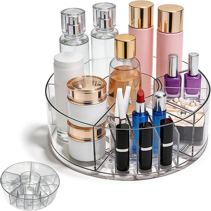 360° Rotating Acrylic Makeup Organizer, Clear Makeup Brush Holder & Pen Holder, Multi-Compartment Rotating Organizer for Cosmetics, Office Supplies, Vanity & Desk