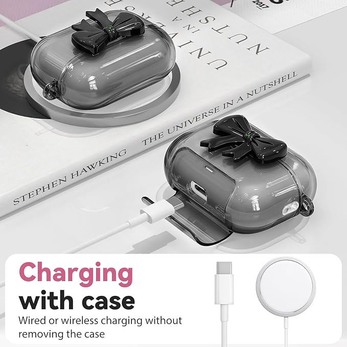 for AirPods Pro 3 Case 2025 with Safety Lock & Phone Stand, Cute Clear Pink 3D Bow Cover with Keychain & Cleaning Kit, Auto-Open TPU Protective Shell for AirPods Pro 3rd Generation Women Girls (Black)