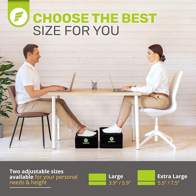 ErgoFoam Flat-Top Adjustable Foot Rest - High-Density Compression-Resistant Foam, Non-Slip, Black, Modern, Office