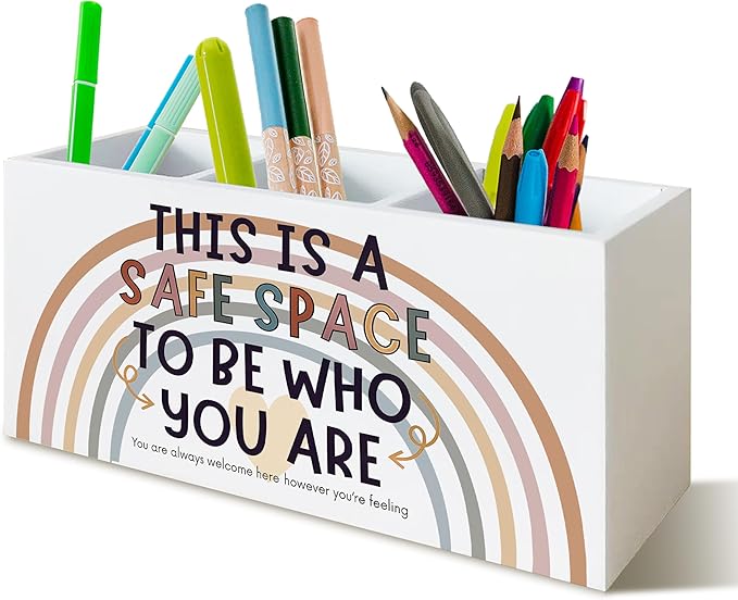 Boho Rainbow Safe Space Mental Health Pen Pencil Holder for School Counselor Office Classroom Desk, Inspirational Pen Pencil Holder Organizer for Therapy Kids Room, Inspirational Office Decor