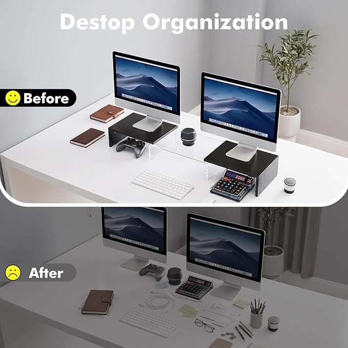 Dual Monitor Riser, Acrylic Monitor Riser, Adjustable Angle & Length Computer Monitor Stand, Wide Desk Shelf for Top of Desk for Home Office_Black Maple Look Small