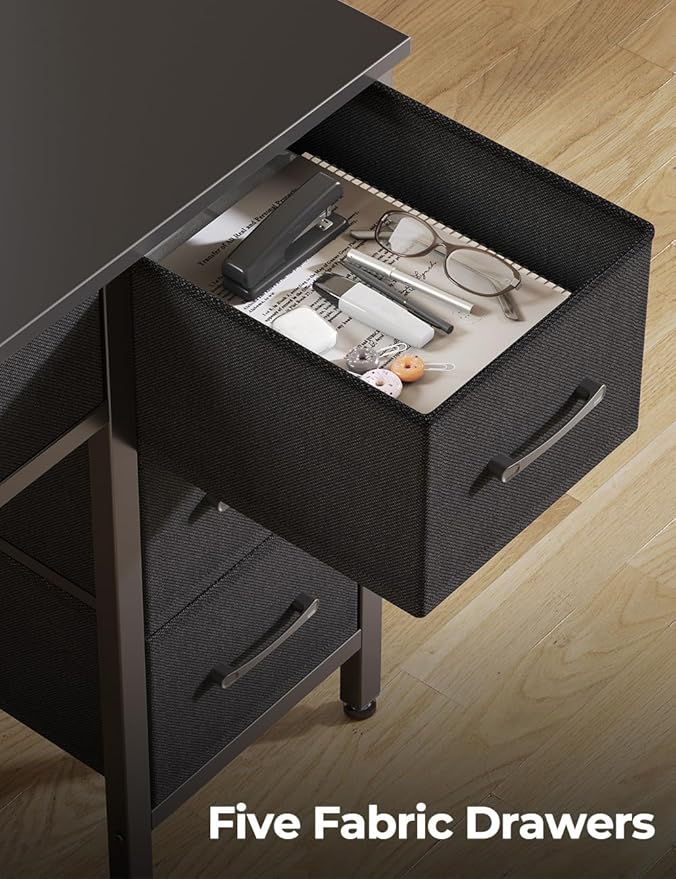 Seventable Computer Desk with Drawers, 55 Inch Desk with Drawers Home Office Desks, Computer Desk Office Desk with Power Outlets & LED Light, Monitor Stand Work Table Black
