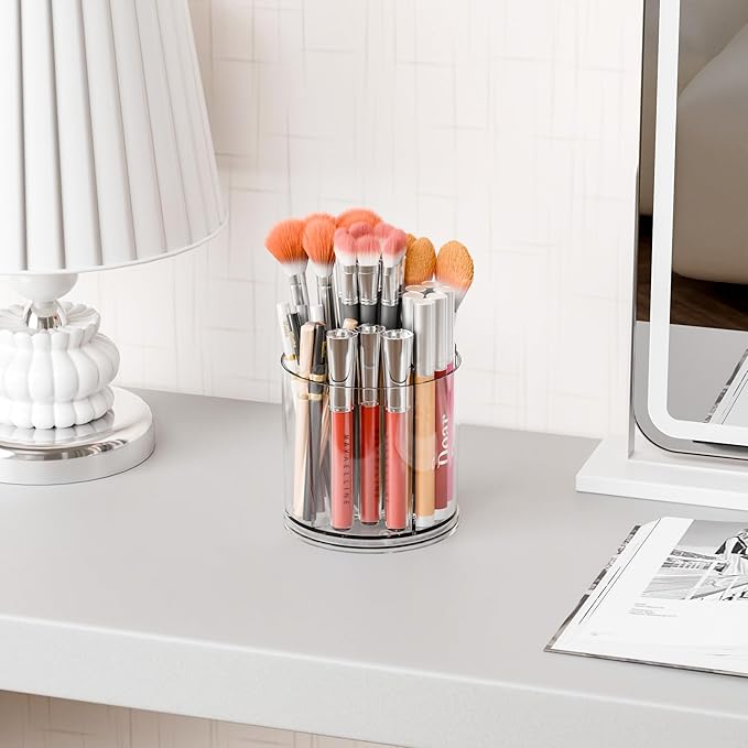 Yieach Rotating Acrylic Makeup Brush Holder for Vanity,Bathroom Countertop,Round Makeup Brushes Organizer,Spinning Cosmetic Brushes Holder,Make up Brush Storage and Office Desk Pen or Pencil Cup,Clear