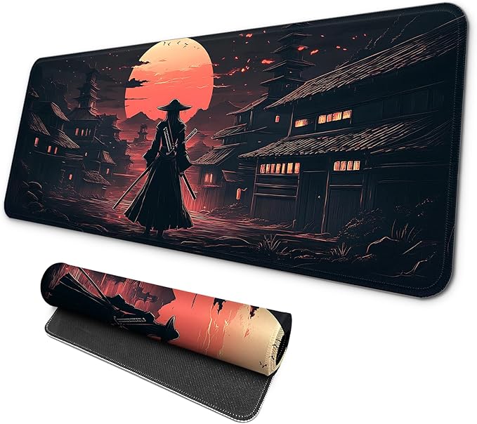 MAY FLOWER Gaming Mouse pad, Large Laptop Mousepad, Full Keyboard Mat, Long Computer Mouse Mat for Home and Office, Anti-Slip Rubber Base, 31.5 x 11.8 Inches (Samurai)