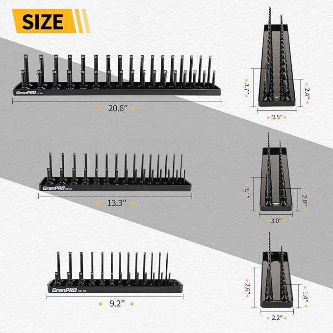 GRENPRO 7PCS Socket Organizer Tray Set with Mini Folding Tray, Yellow & Black Magnetic Socket Holder for 1/4", 3/8", 1/2" Drive Metric and SAE Sockets