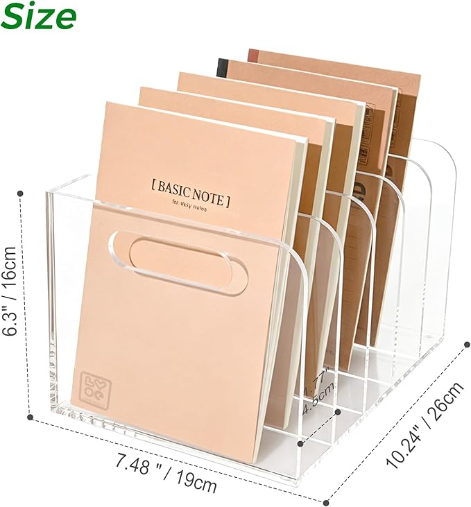 Lovemolly 5-Slot Clear Acrylic Magazine File Holder, Vertical Desk Organizer with Handle – No-Assembly Document Sorter for Office & Home, 7.48 x 10.04 x 6.3 in