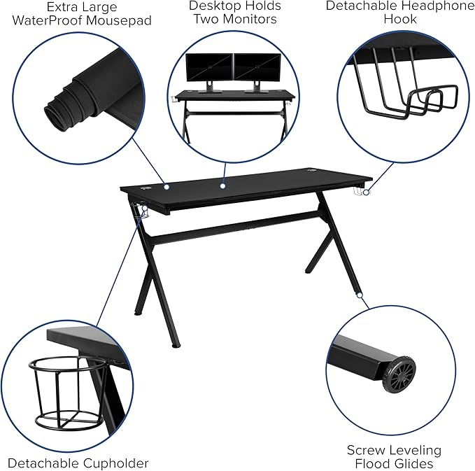 EMMA + OLIVER Black/Gaming Desk Bundle - Cup/Headset Holder/Mouse Pad Top