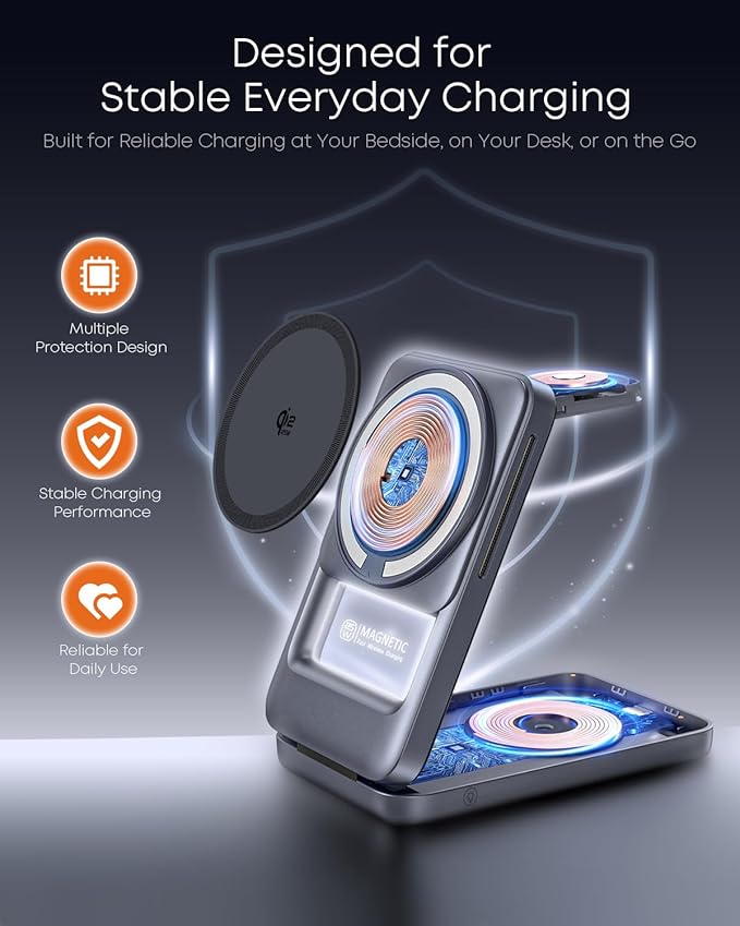 Qi2.2 25W 3-in-1 Foldable Magnetic Wireless Charging Station with 2-Level Night Light, Phone Charger Stand Compatible with iPhone 17/16/15/14/13/12, Apple Watch & AirPods, 45W Adapter Included