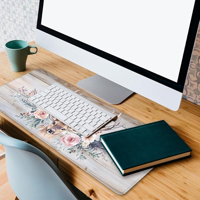 Floral Deer Desk Mat Rustic Nature Wood Farmhouse Mouse Pad Large Mousepad Extended Laptop Keyboard Mat Gaming Desk Pad Mouse Mat 31.5"x11.8"