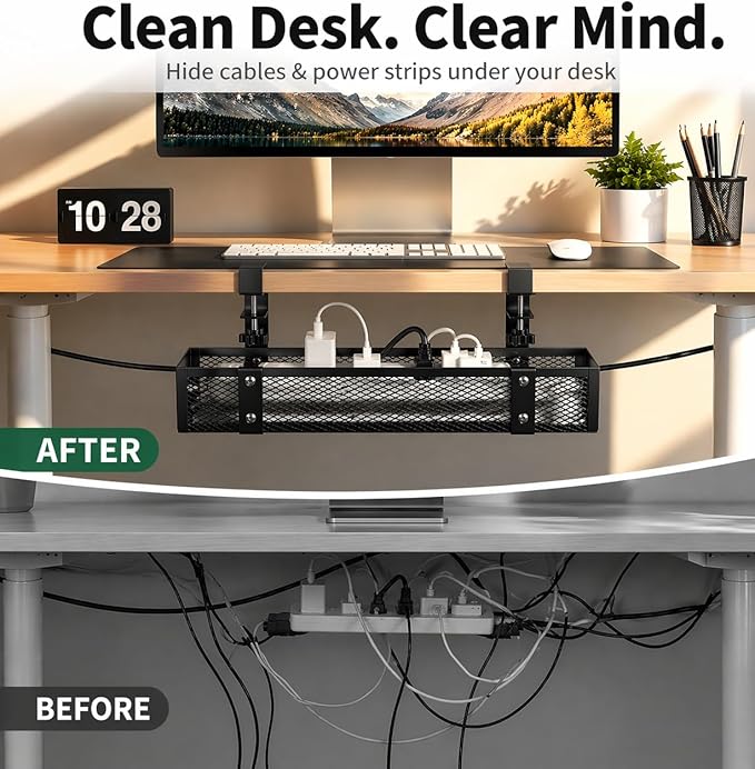 Under Desk Cable Management Tray, Metal Desk Cord Organizer, Adjustable Clamp, No Drill, Durable Desk Cable Organizer – 13.4''