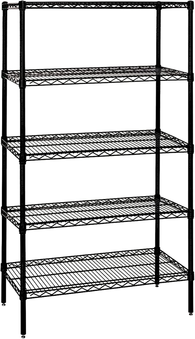 Quantum Storage Systems WR74-2430BK-5 Wire Shelving Starter Kit, 30" W x 24" D x 74" H, 600 lbs Capacity, Carbon Steel, Epoxy Coated, Black, NSF