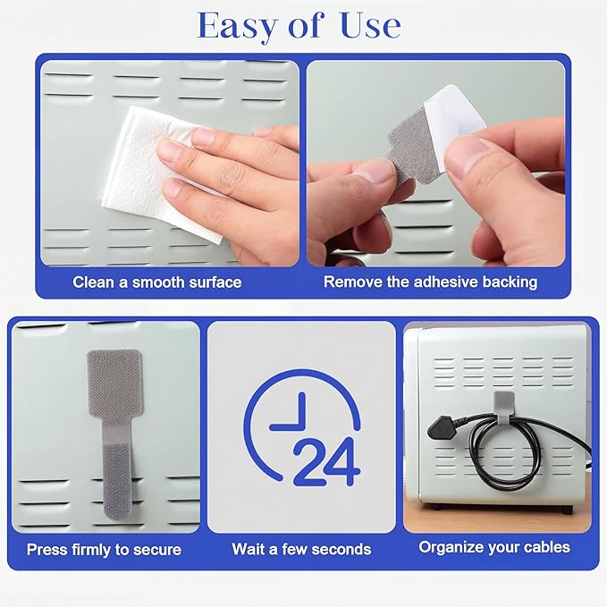 100 Pcs Hook and Loop Cable Ties, Self Adhesive Cable Management Under Desk Cable Straps, Adjustable Cord Organizer for Desk Home Office Organization (Grey)