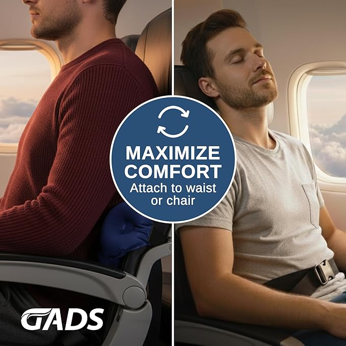 Inflatable Travel Pillow for Airplanes - Lumbar Pillow for Airplane, Car, Office - Compact Back Support - Portable, Adjustable Strap - Small Lumbar Pillow for Travel, Easy Storage