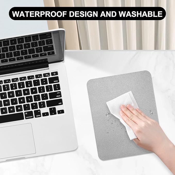 Leather Mouse Pad, Office Mouse Mat Non-Slip Rubber Base Stitched Edge Washable Waterproof Rectangular Mousepad for Office Gaming PC Laptop, 9.8" x 7.9", Silver