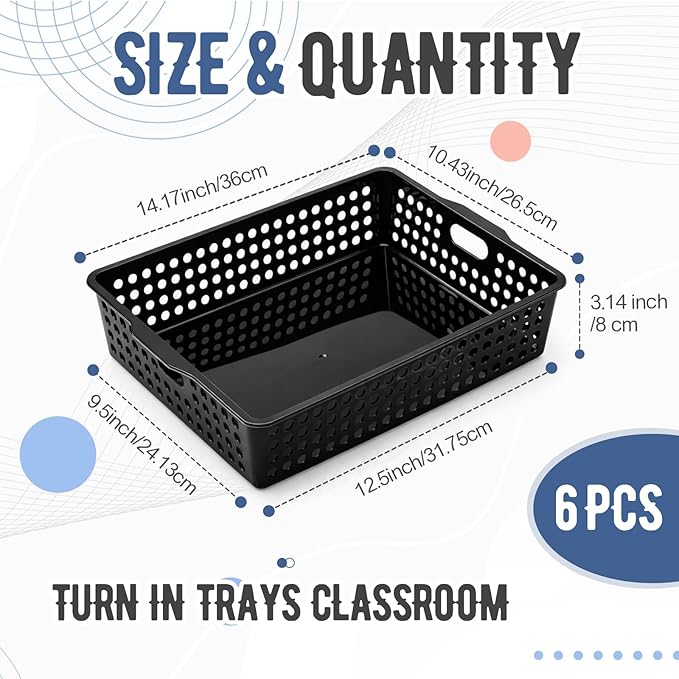 Geetery 6 Pack Classroom Storage Baskets with Handle 14''x10'' Paper Tray Holds A4 Turn in Trays Plastic Paper Baskets Desk Organizer Bin for Classroom, Library, Office, Home (Black)