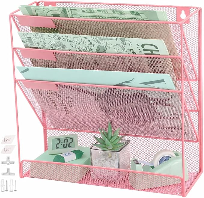 3 Pockets Mesh Wall File Holder Organizer with Bottom Flat Tray, Office Hanging File Folder Magazine Rack, Nametag Label Hooks Set Included, Pink