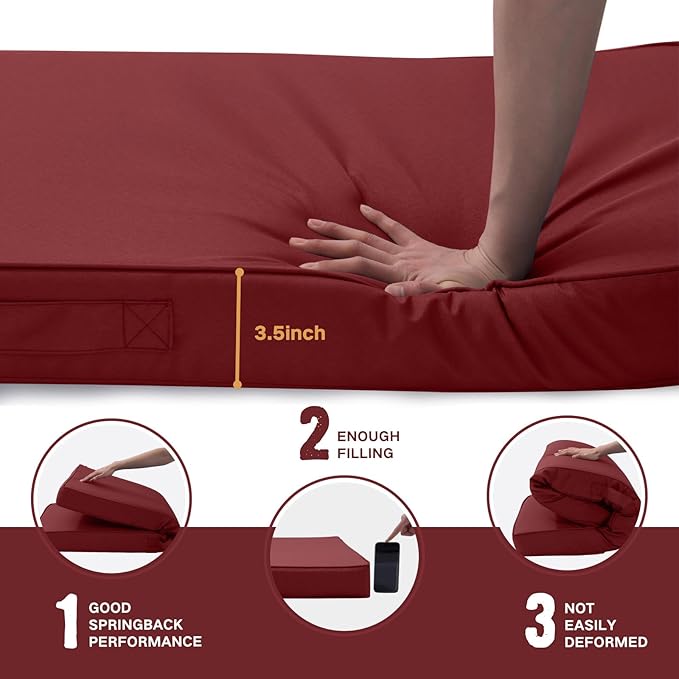 Outdoor Bench Cushion Waterproof with Memory Foam,Patio Bench Cushions for Outdoor/Indoor Furniture Porch Swing Cushion with Handle and Adjustable Strap,Burgundy Red,48x18 Inch
