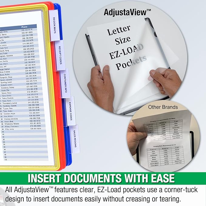 Ultimate Office AdjustaView 10-Pocket Desk Reference Organizer with Easy-Load Pockets and Compact Weighted Base for Maximum Stability (Colored Pockets)