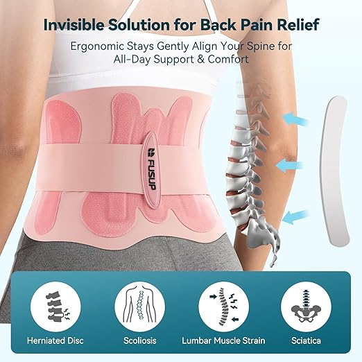 Invisible Back Brace with 0.5mm Ultra-Thin & Seamless Design Under Clothing, FUSUP Anti-Slip Lumbar Support Belt with 2 Removable & Adjustable Straps - for Low Back Pain, Back Injuries, Office, Daily Wear, Sports (Women & Men) (Pink, Large)