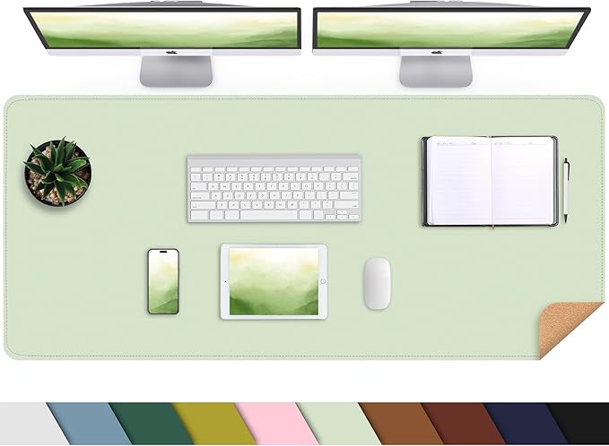 AFIING Cork Desk Mat 47" x 17", Dual-Sided Natural Cork & PU Leather Desk Pad, Non-Slip Waterproof Large Mouse Pad for Office, Home & Gaming (Light Green)
