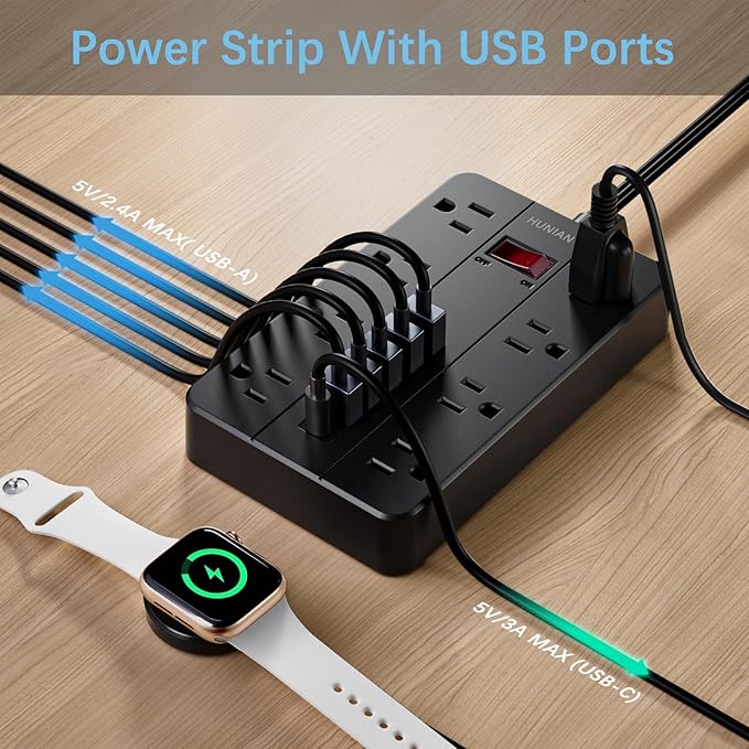 Power Strip with USB Ports, HUNIAN 5 Ft Extension Cord Flat Plug with 8 Outlets, 6 USB Charger(1 USB C Port), Indoor Desk Charging Station Outlet Extender for Home and Office Accessories, Black