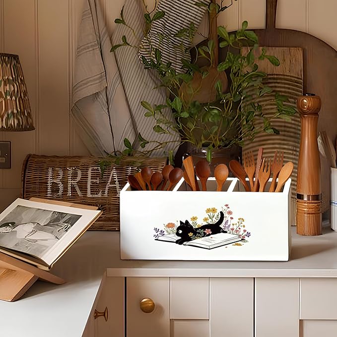 Black Cat Pen Holder, Book Lovers Reader Gifts Pencil Holder for Desk, Black Cat Lovers Gifts for Women, Floral Book Wooden Box Sign Decorations for Reading Room Corner Nook Desk Tabletop