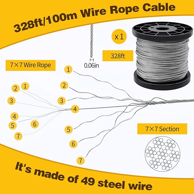Wire Rope Set, 328ft 1/16" Wire Rope Cable with 200pcs Crimping Sleeves 50pcs Thimbles 6pcs M4 Hook & Eye Turnbuckle and 8pcs Eye Screws for Railing, Decking, Hanging