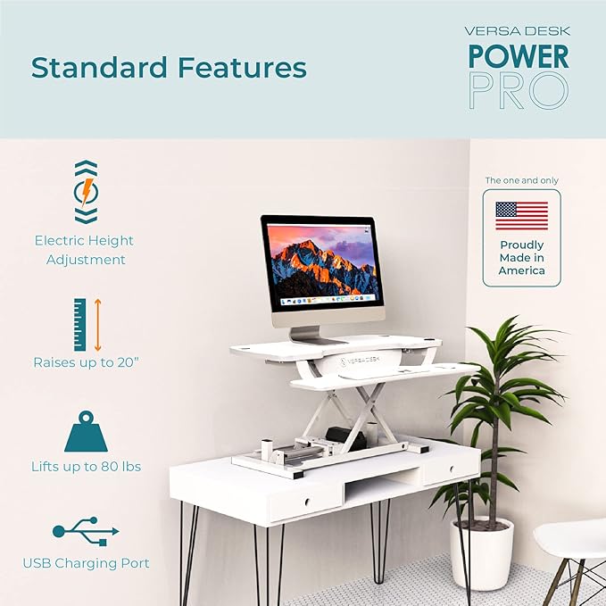 VERSADESK PowerPro 36 Inch Electric Standing Desk Converter – Push-Button Height Adjustable Sit to Stand Desk Riser for Dual Monitors & Laptop – Motorized Desktop Workstation with Wide Keyboard Tray