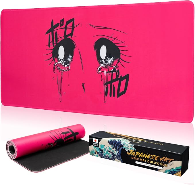 BELLEMOND Japanese Art Desk Mat | Large 31.5x11.8in Anime Mouse Pad for Keyboard & Mouse | Non-Slip Base, Water-Repellent | Original Japanese Design | Crying Girl - Tears of Pink Emotion