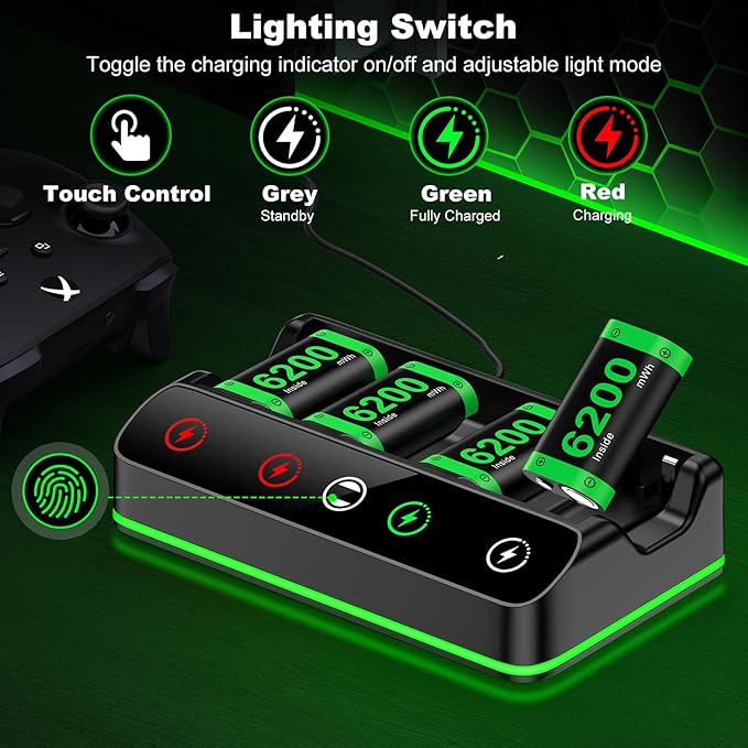 Rechargeable Xbox Controller Battery Pack Charging Station,4x6200mWh Xbox Battery Pack with Fast Charging Station