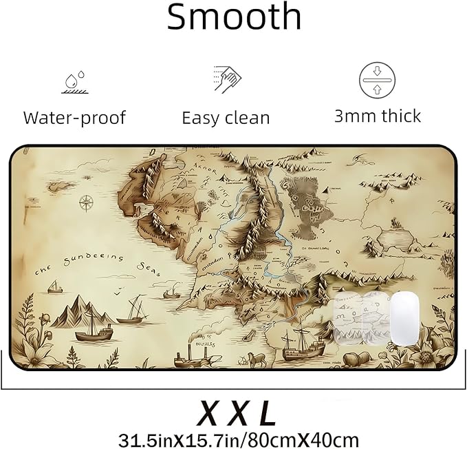 Medieval Map Desk Mat Mouse Pad XXL, Fantasy Extended Large Gaming Deskmat Mouse Pads, Desktop Computer Pad Mat Laptop Keyboard Mats, Desktop Protector Pad Office Game Player Gift 31.5"X15.7"